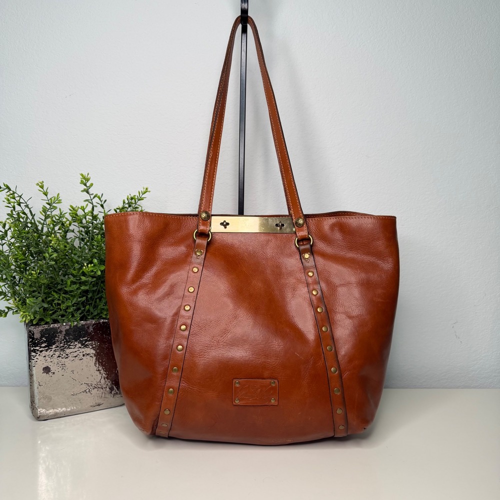 Patricia Nash Benvenuto Tote Bag Cognac Leather Studded Brass Heritage Academia